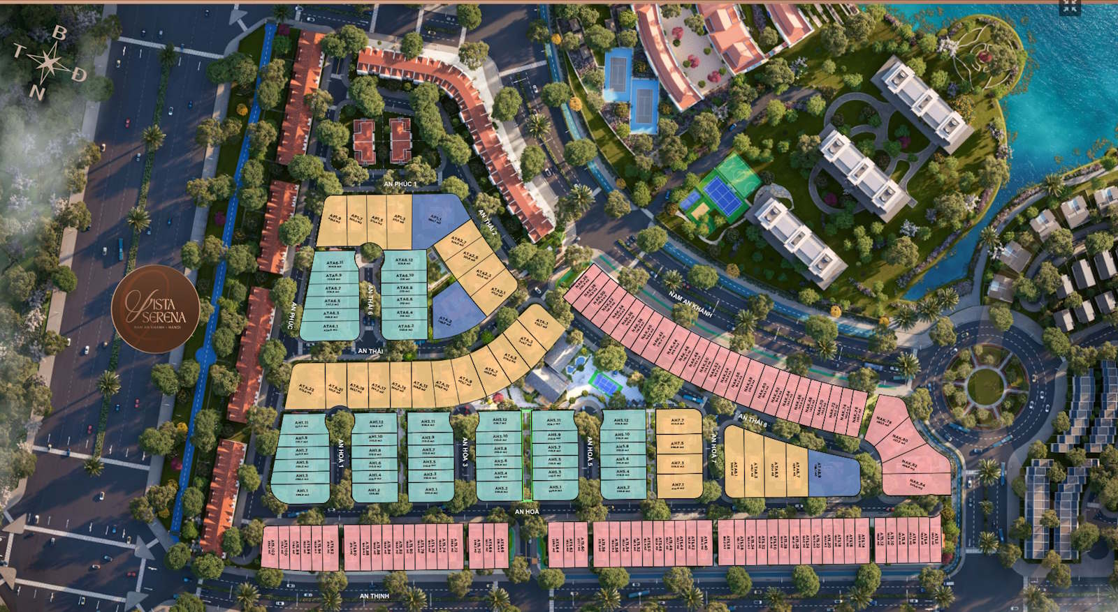 Mặt bằng Vista Serena - dải thấp tầng uốn theo hồ, kết nối Ecopath